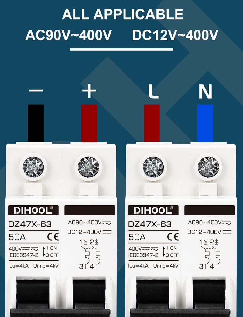 DIHOOL Solar Disconnect Switch, 50 Amp 2 Pole, DIN Rail Mount, Non Polarized, 12V 24V 48V 400V, AC/DC Circuit Breaker, RV Battery Isolator, PV Array MCB, Thermal Magnetic Trip - Image 4